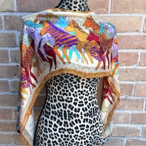 Vintage Laurel Burch Silk Equestrian Horse Scarf 52” Collectible